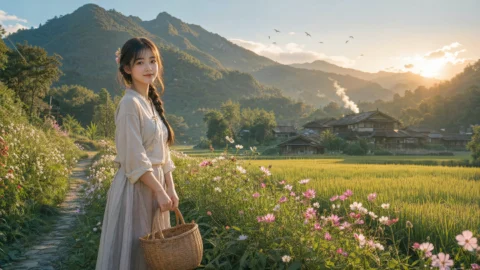 乡村小妹的田园晨光桌面壁纸