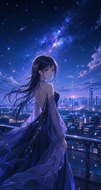 梦幻星夜二次元人物平板壁纸