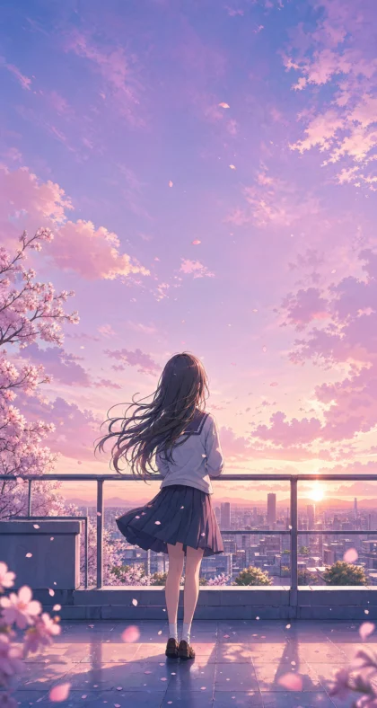粉紫夕空二次元绘画平板壁纸