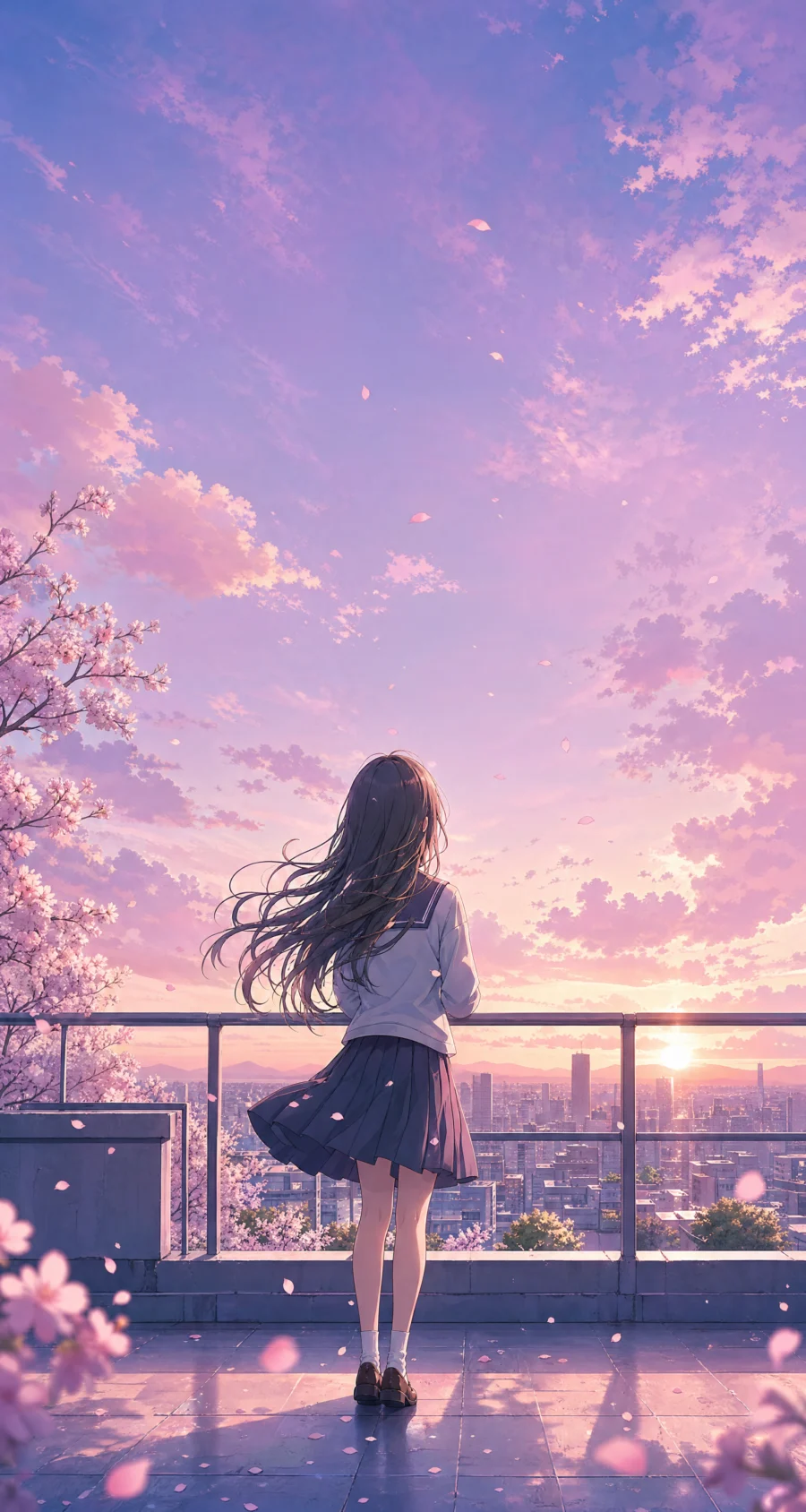 粉紫夕空二次元绘画平板壁纸