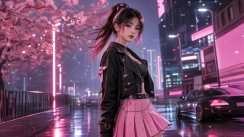 甜酷少女霓虹街景桌面壁纸
