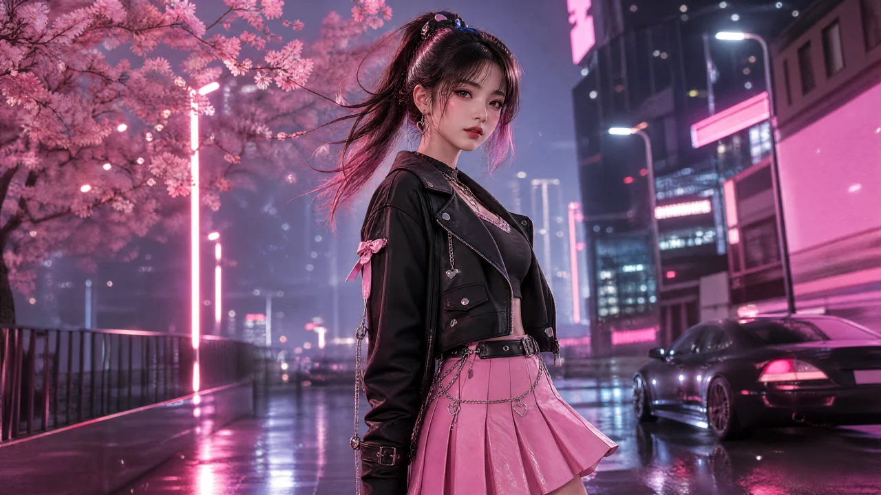甜酷少女霓虹街景桌面壁纸