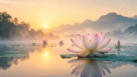 禅意莲花静谧湖景桌面壁纸