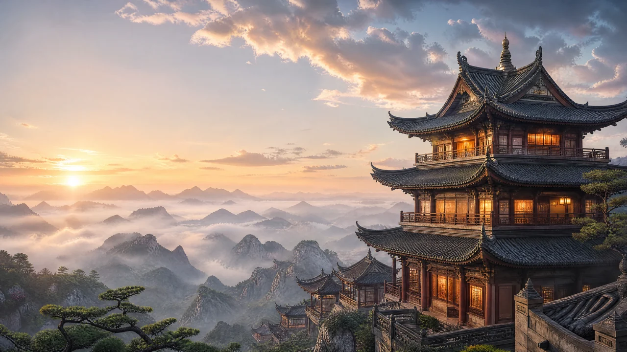 飞檐古楼晨雾桌面壁纸