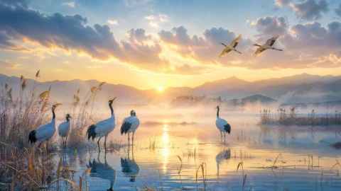 仙鹤晨曦东方湖景桌面壁纸