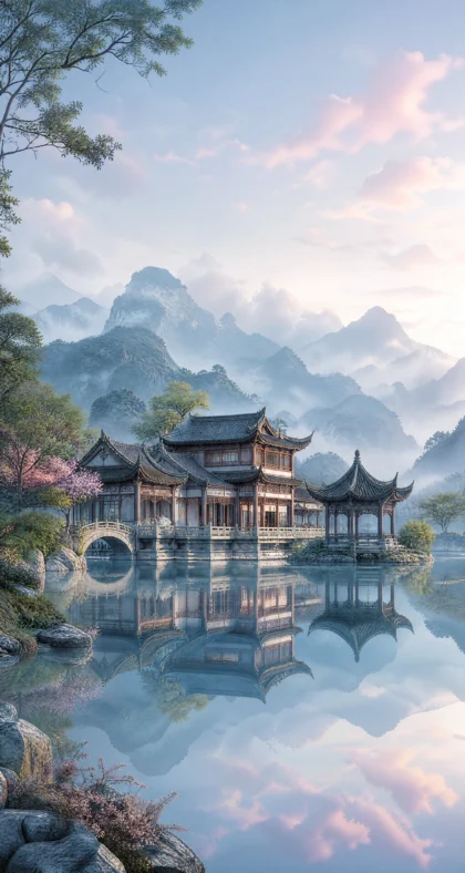 云水之间的亭台楼阁平板壁纸