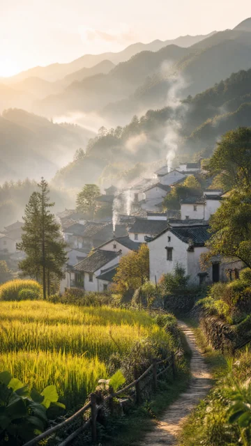 炊烟人家山村晨景手机壁纸