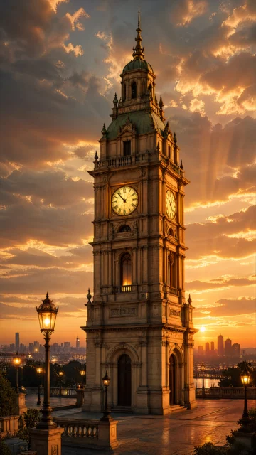 夕阳下的古典钟楼手机壁纸