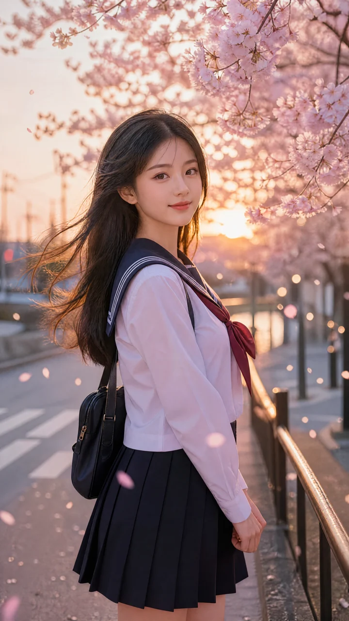 樱花黄昏JK少女手机壁纸