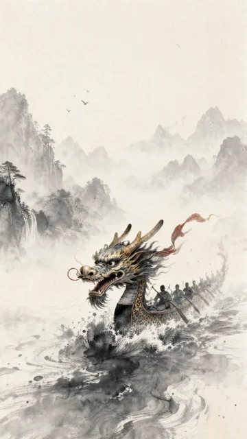 水墨龙舟手机壁纸