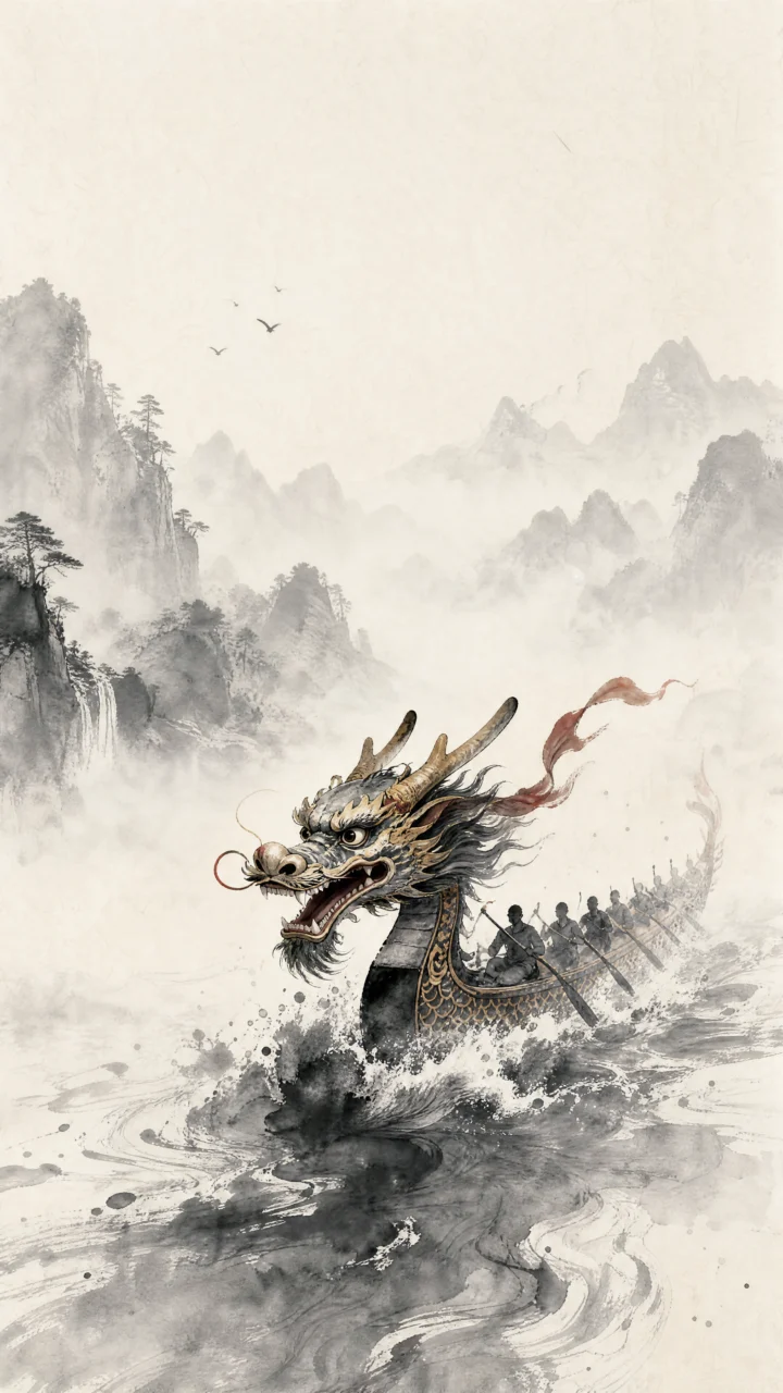 水墨龙舟手机壁纸