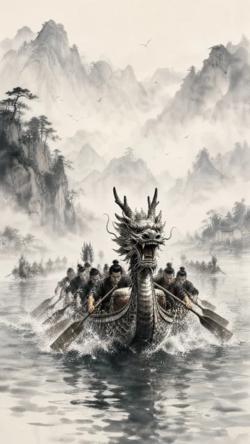 水墨龙舟手机壁纸