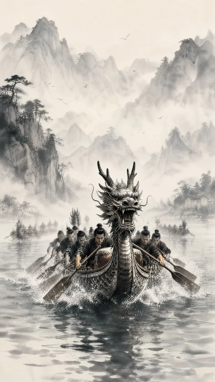 水墨龙舟手机壁纸