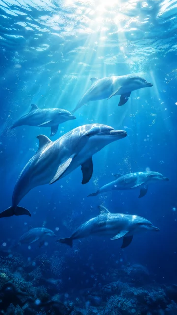 海豚遨游深蓝海域手机壁纸