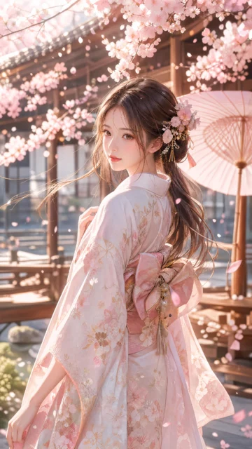 和风少女樱花庭院手机壁纸