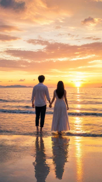海边情侣夕阳手机壁纸