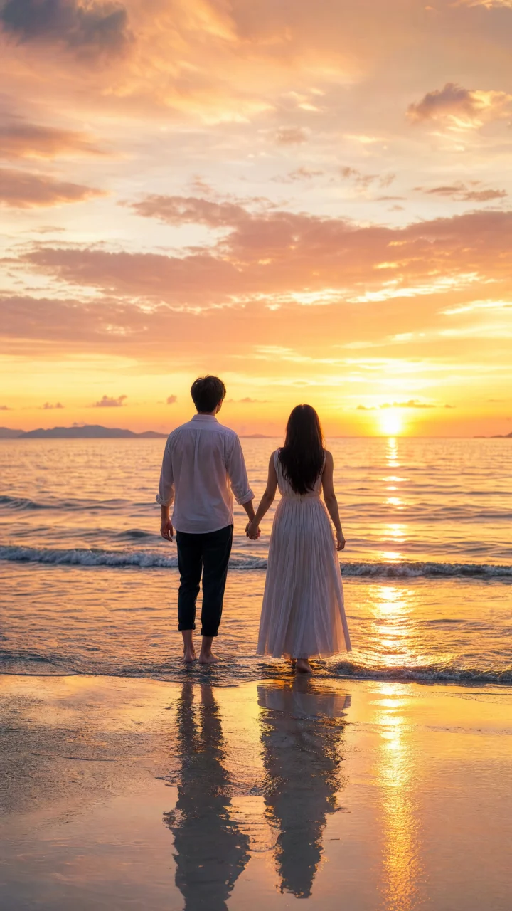 海边情侣夕阳手机壁纸