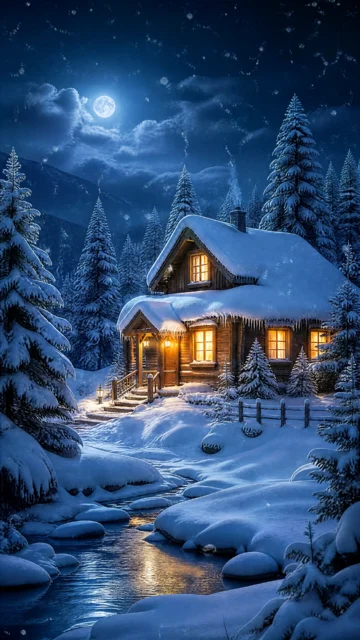 冬夜雪屋手机壁纸