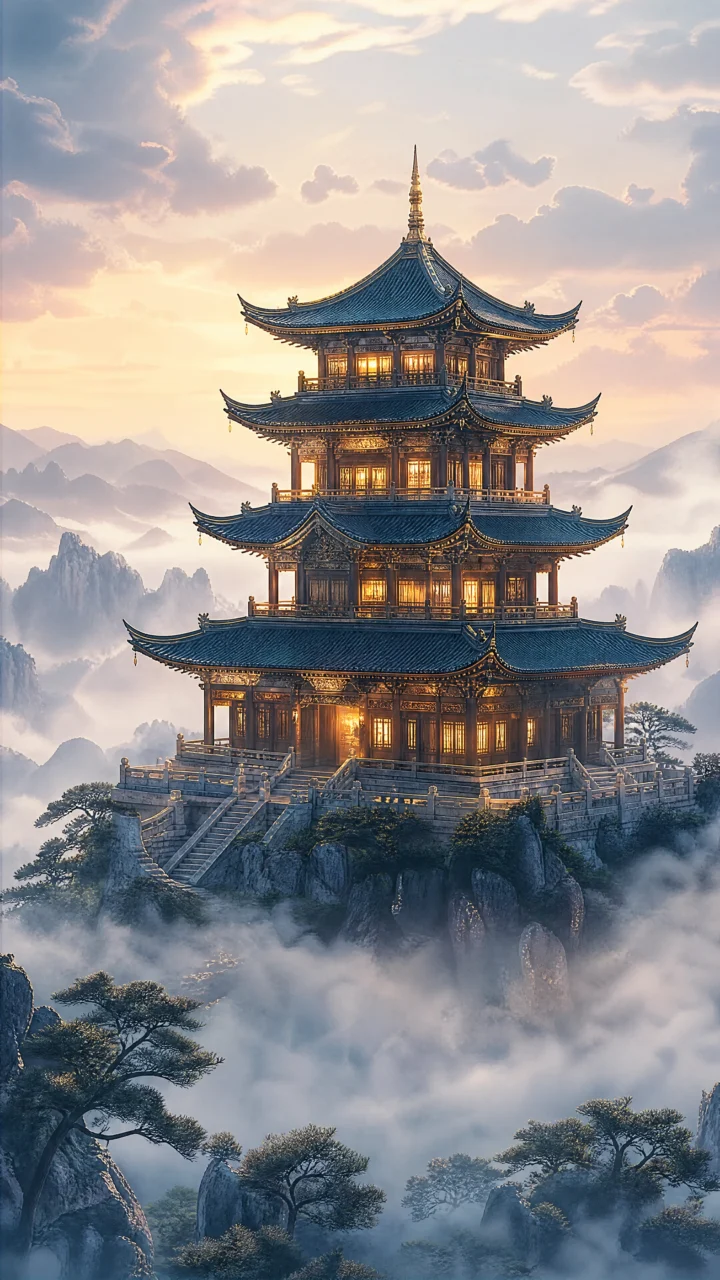 云雾中的古典楼阁手机壁纸