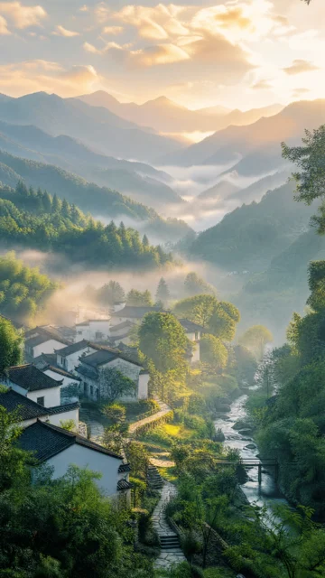 青山村落清晨壁纸