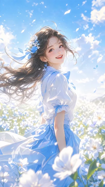元气少女清晨花海手机壁纸