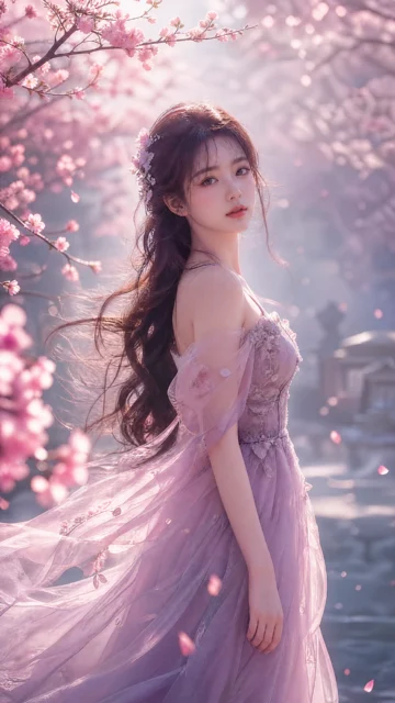 樱花晨雾中的唯美女孩手机壁纸