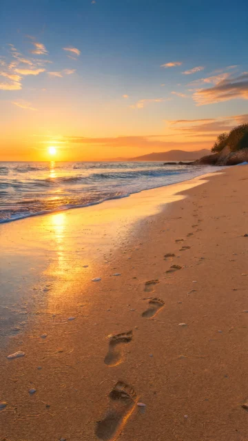 海滩足迹夕阳手机壁纸