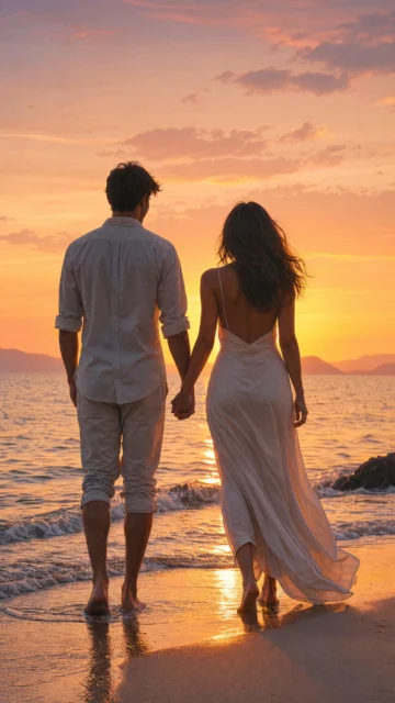海边牵手浪漫夕阳手机壁纸