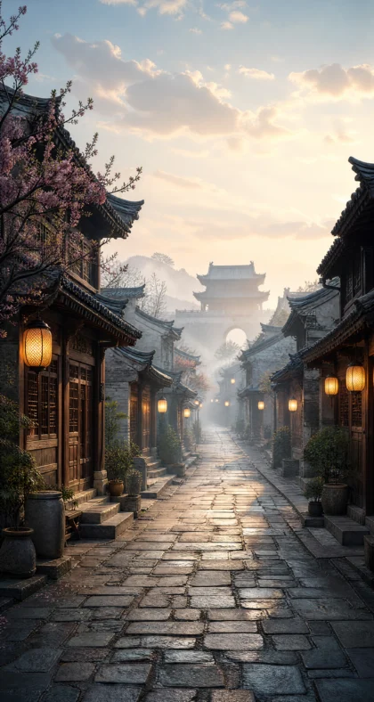 晨雾中的古城街道平板壁纸