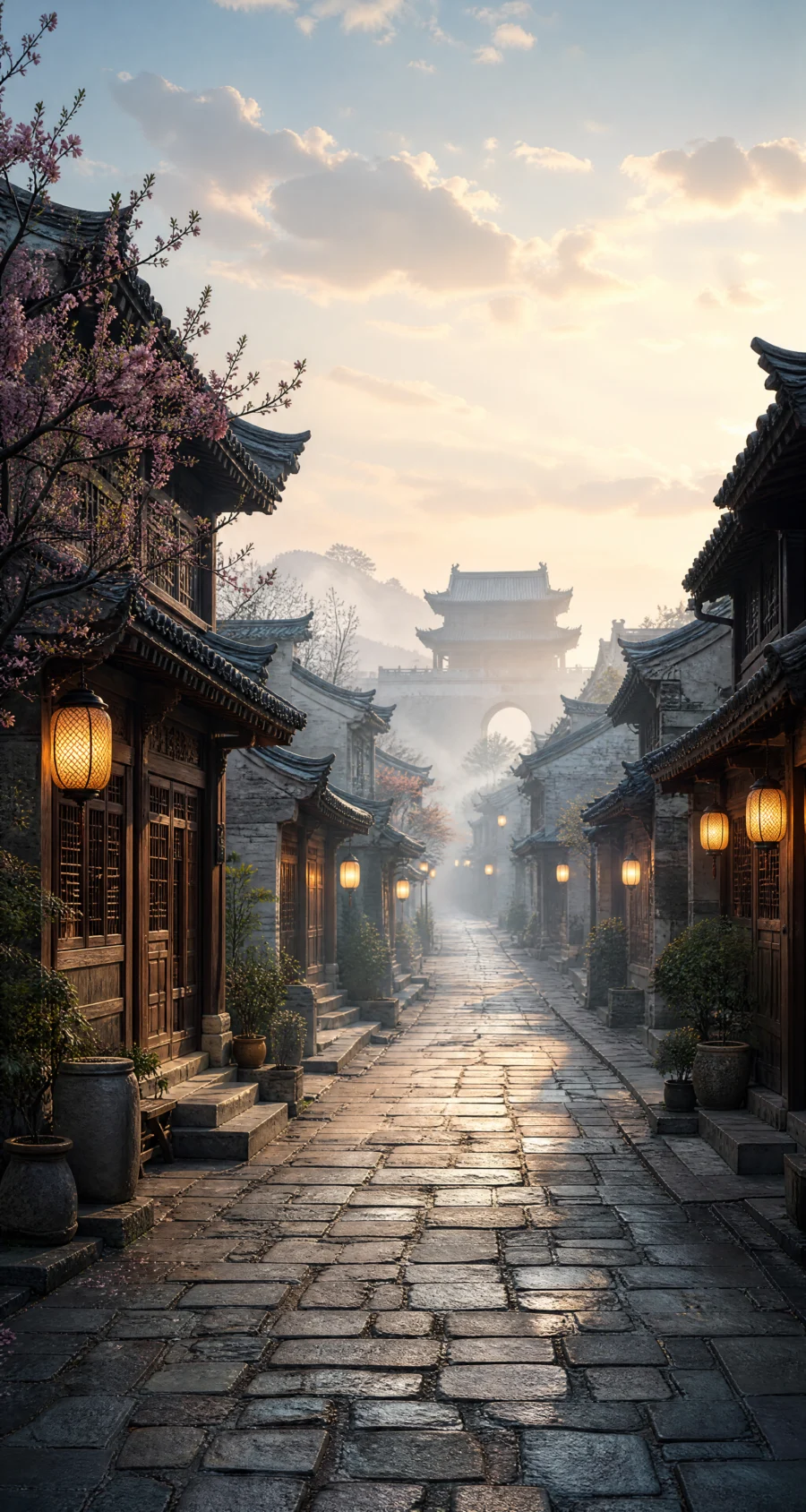 晨雾中的古城街道平板壁纸