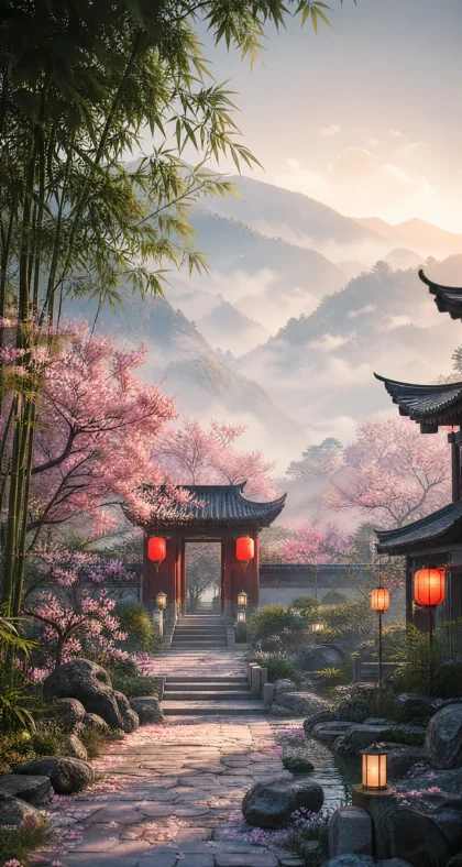 亚洲风情东方庭院平板壁纸