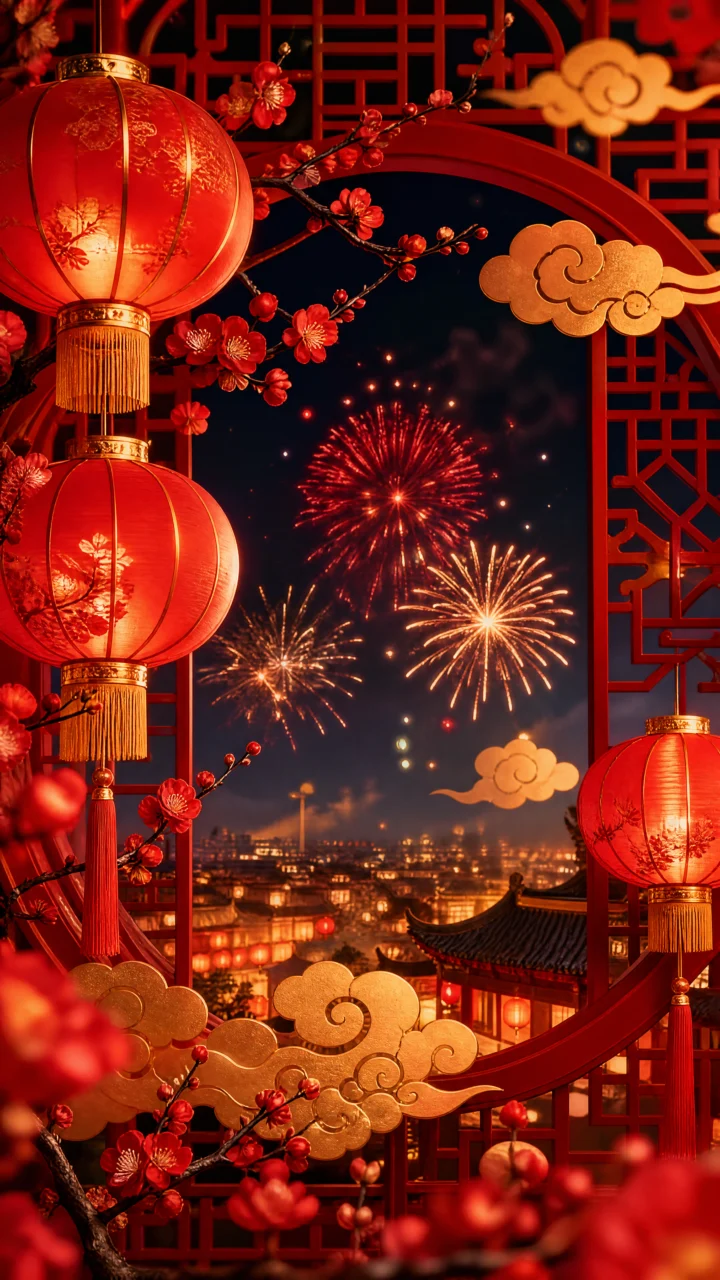 春节红金灯笼手机壁纸