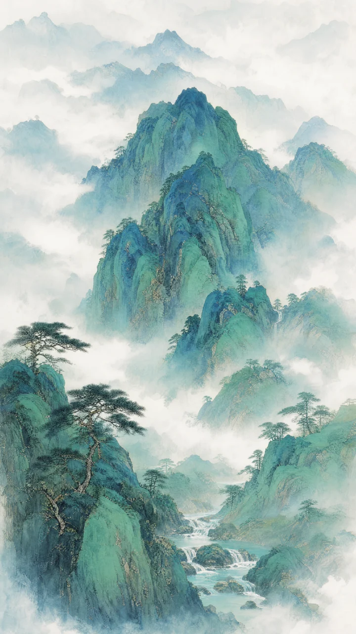 青绿山水云雾手机壁纸