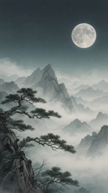 东方美学月下山水手机壁纸