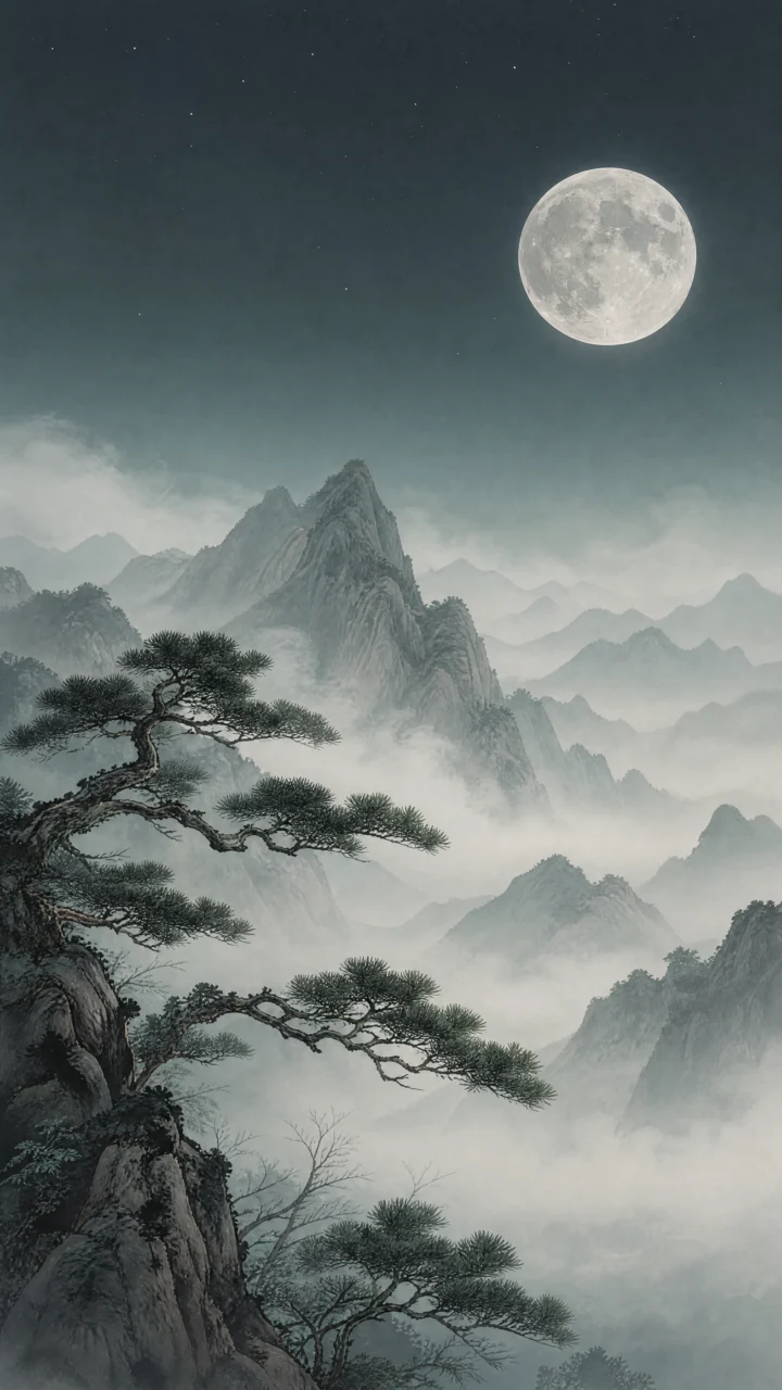 东方美学月下山水手机壁纸