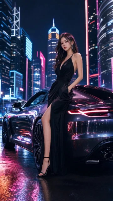 霓虹都市时尚车模手机壁纸