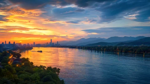 江河晚景桌面壁纸