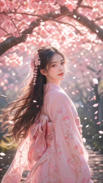 樱花树下的和服少女手机壁纸