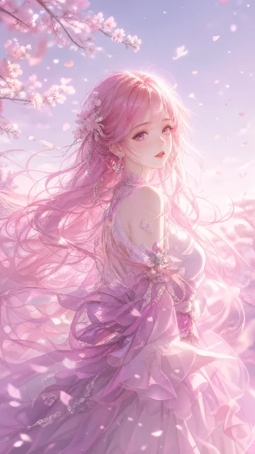 粉发少女梦幻樱花手机壁纸