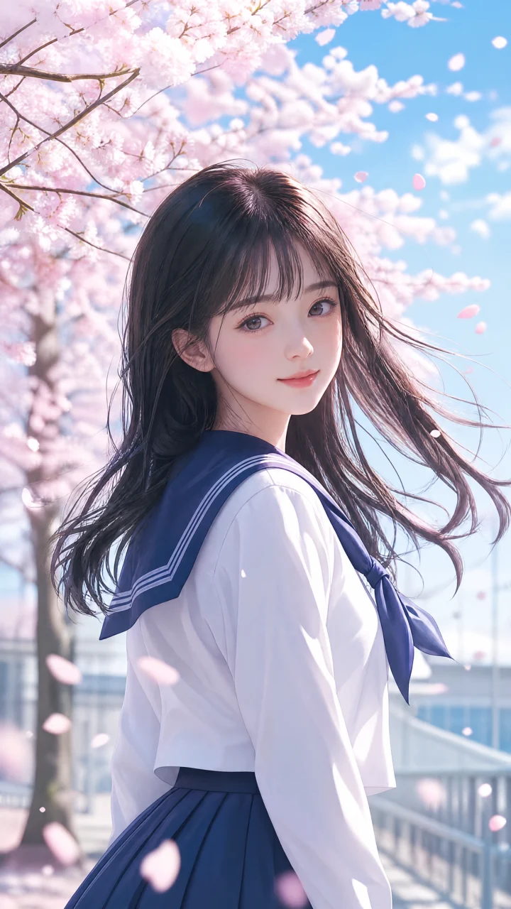 樱花树下的水手服女孩手机壁纸