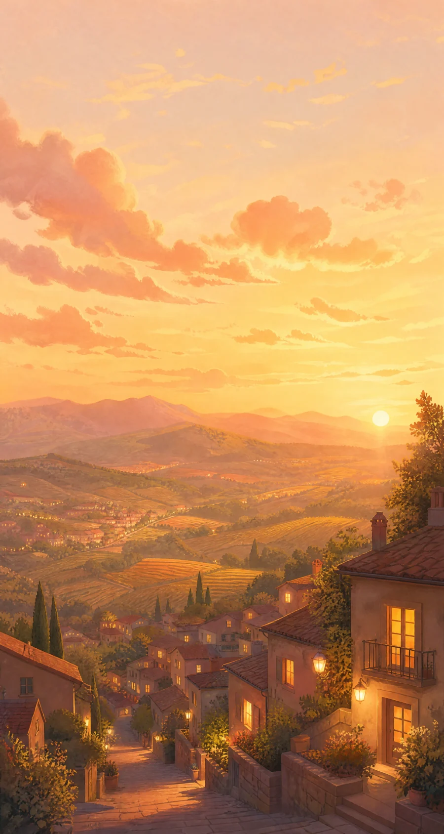 暖色夕阳小镇插画平板壁纸