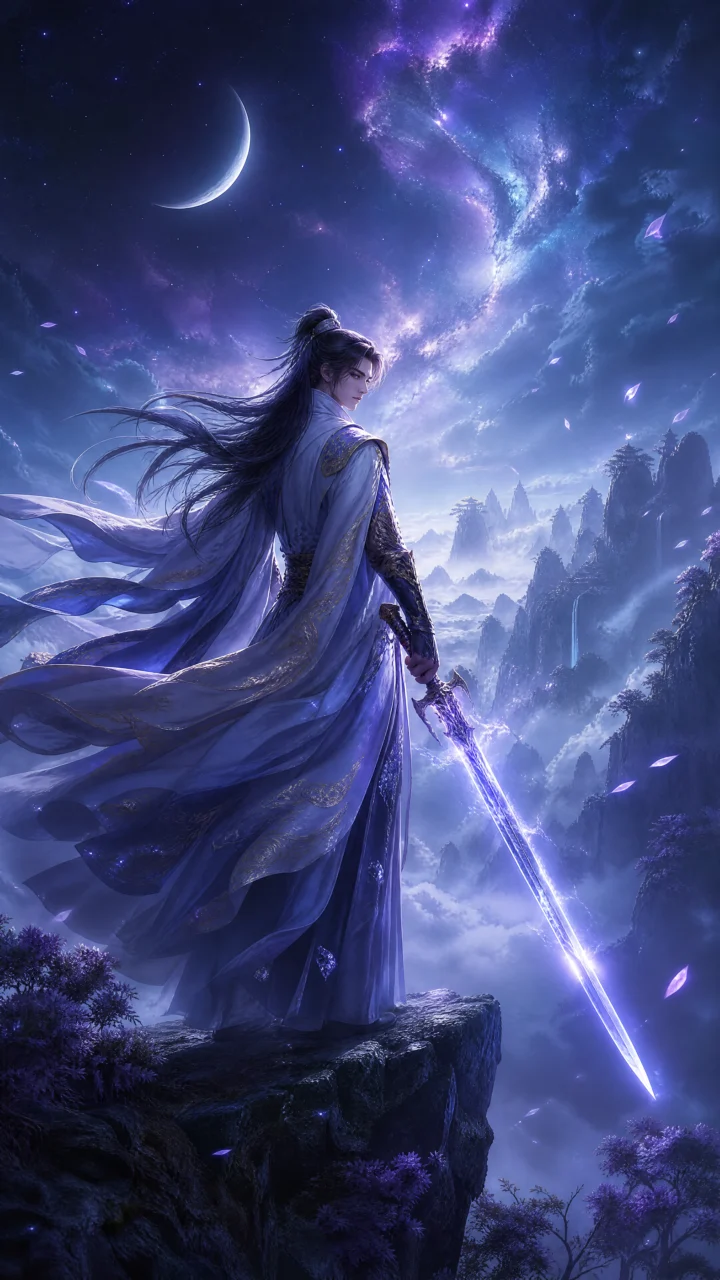 月影之巅的幻想剑客手机壁纸