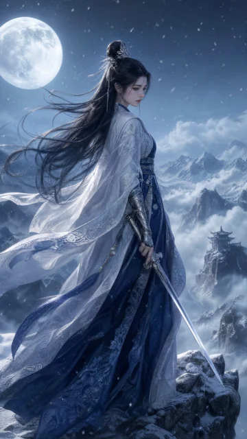 冷艳女侠月下寒峰手机壁纸