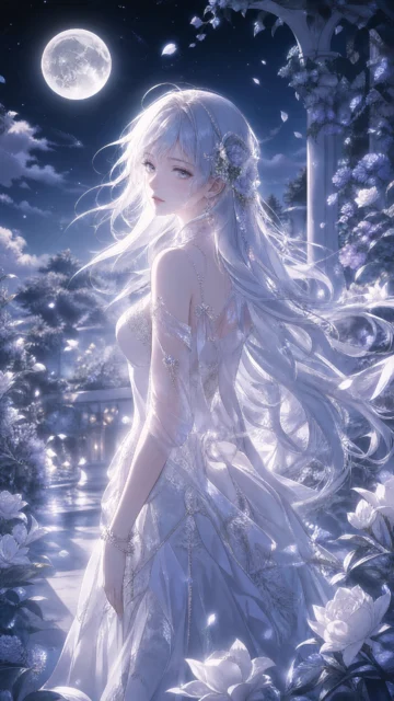 月光下的银发少女手机壁纸