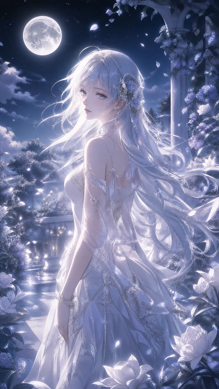 月光下的银发少女手机壁纸