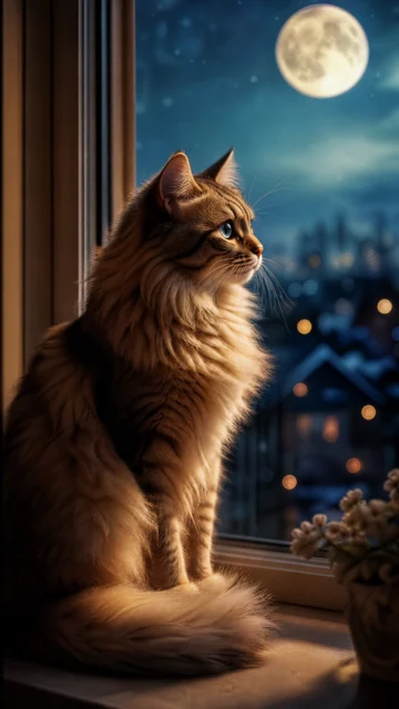 月光窗边的优雅猫咪手机壁纸