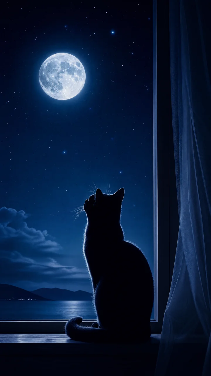 月光下的猫咪剪影手机壁纸
