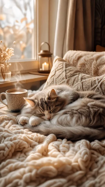 温暖窗边的 cozy cat 手机壁纸