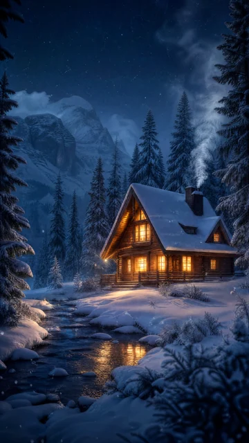 雪中小屋冬夜手机壁纸