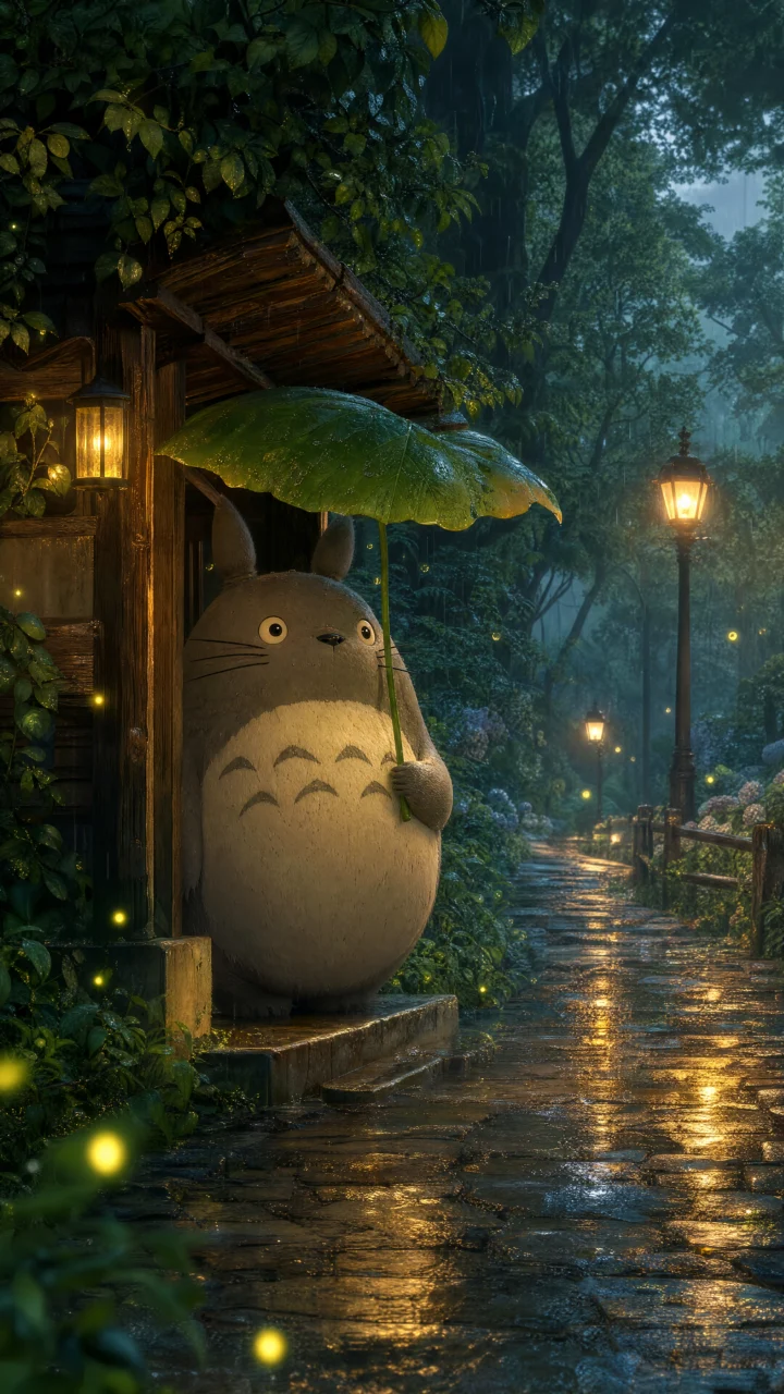 龙猫巴士站雨夜手机壁纸